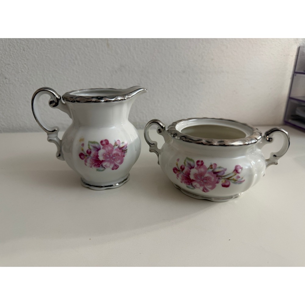 Vintage Pink Floral Porcelain Creamer and Open Sugar Bowl Set Silver Trim